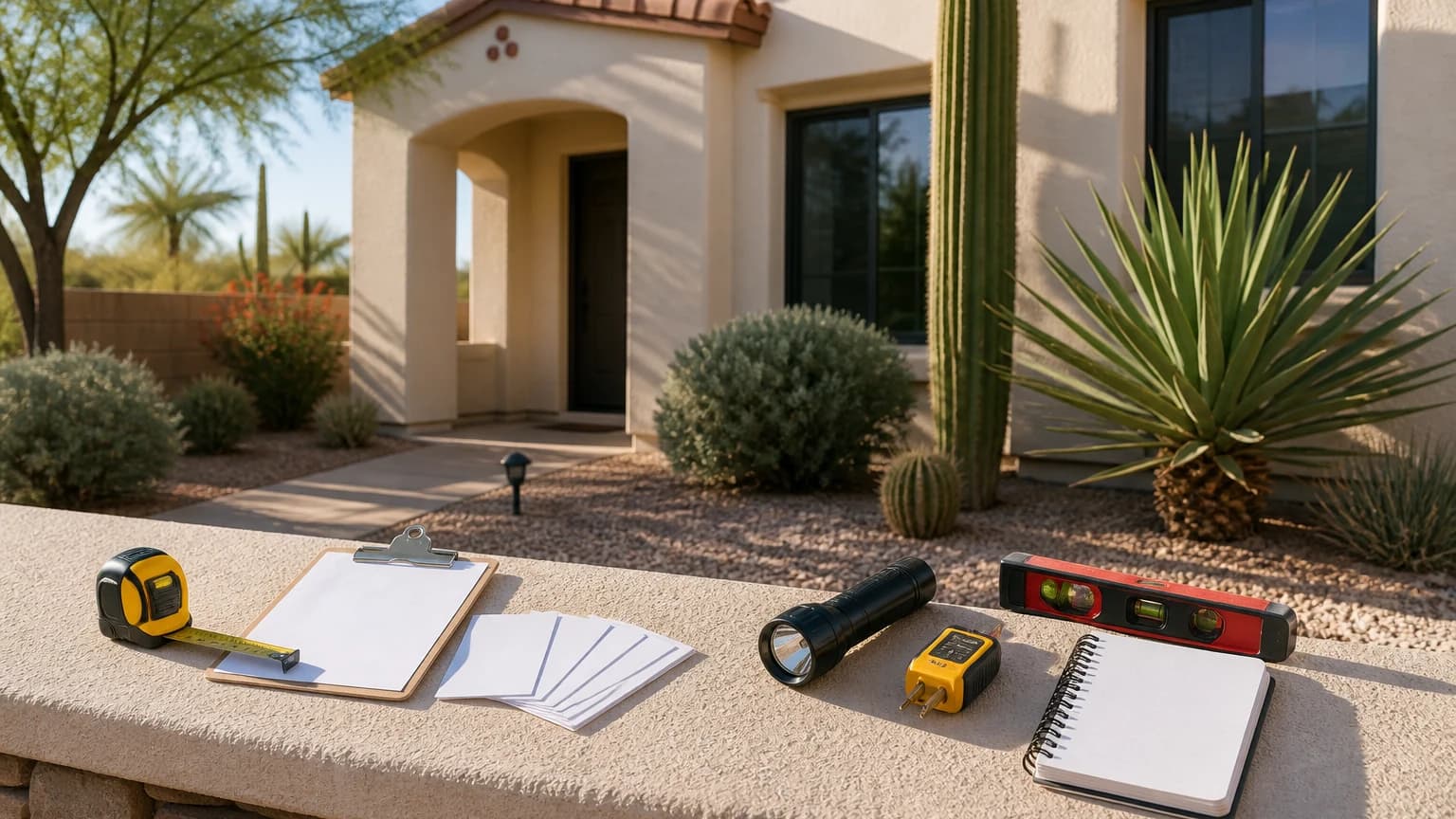 Home inspection notes and an appraisal planning file on a work surface