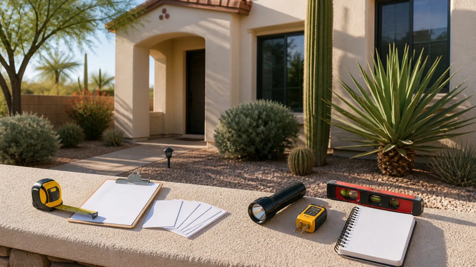 Home inspection notes and an appraisal planning file on a work surface